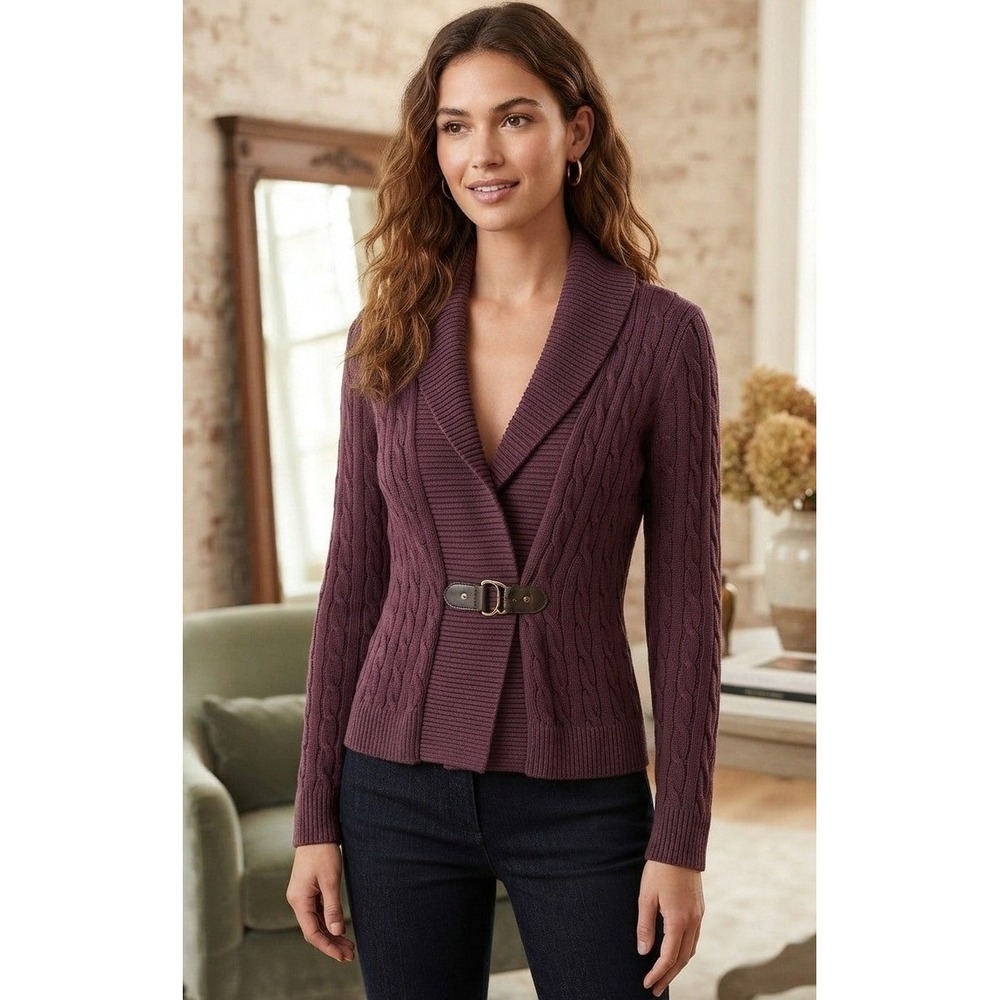 Lauren Ralph Lauren Cable Knit Shawl Collar Buckle Cardigan Women's XL Burgundy